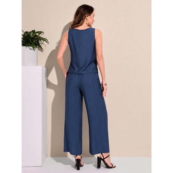 2 piece set: Cut Out Side Tank Top & Drawstring Waist Wide Leg Pants white - Picture 3 of 5